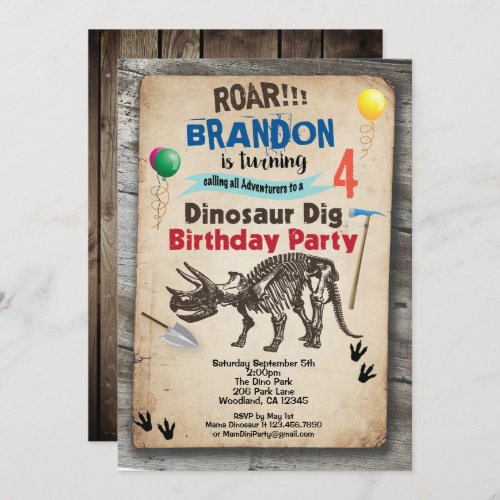Dinosaur dig birthday invitation rustic realistic