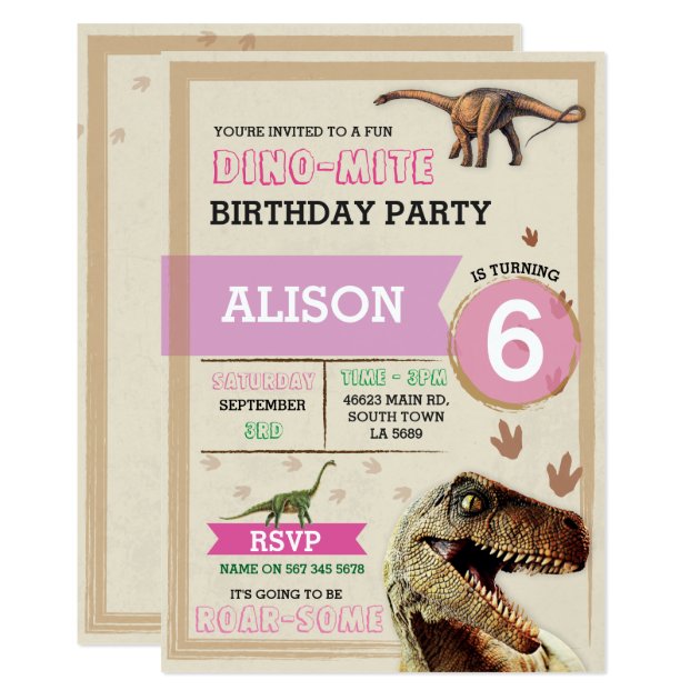 Dinosaur Dig Birthday Party T-Rex Dino Pink Invite