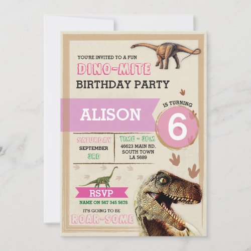 Dinosaur Dig Birthday Party T_Rex Dino Pink Invite