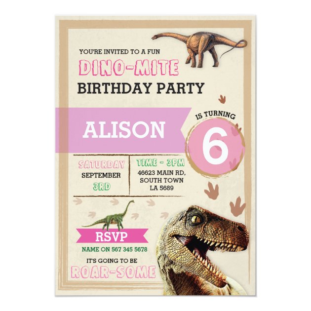 Dinosaur T-Rex Pool Party Girl Pink Birthday Invitation