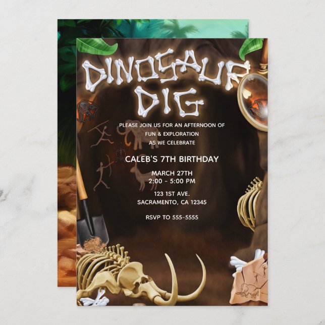 DINOSAUR DIG Bones Mystery Cave Birthday Party Invitation (Front/Back)