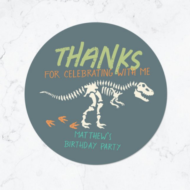 Dinosaur Dig Fossil Kids Birthday Thank You Favor Classic Round Sticker (Creator Uploaded)