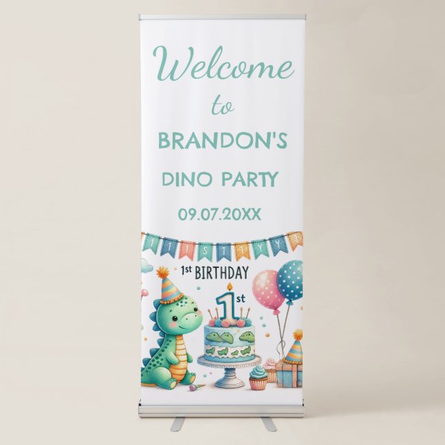 Dinosaur Dino 1st Birthday Boy Cute Retractable Banner (Front)