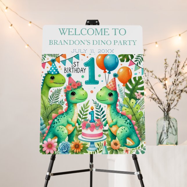 Dinosaur Dino 1st Birthday Boy Party Welcome Sign (In Situ (Stand))
