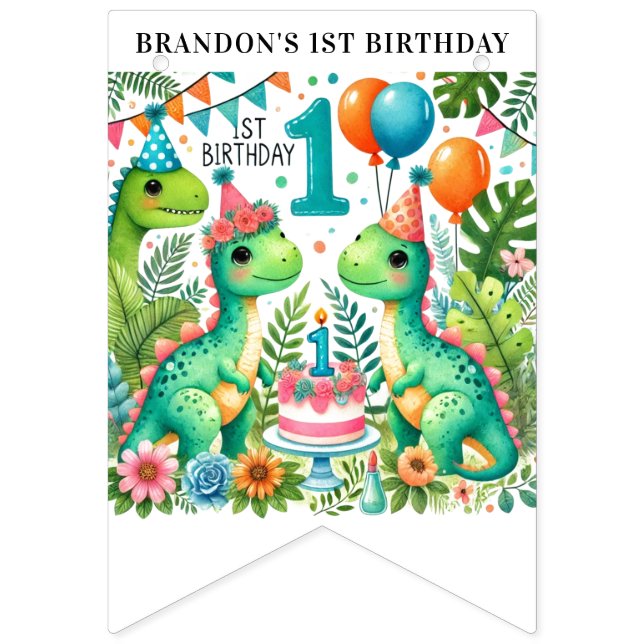 Dinosaur Dino 1st Birthday Party  Bunting Flags (Sixteenth Flag)