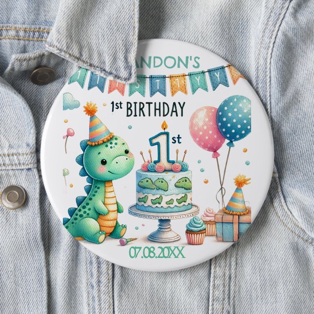 Dinosaur Dino 1st Birthday Party  Button (In Situ)
