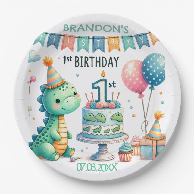 Dinosaur Dino 1st Birthday Party  Paper Plates (Front)