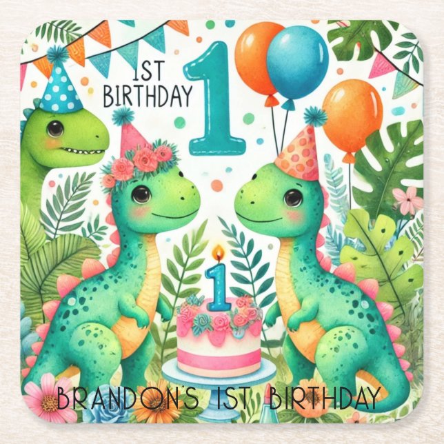 Dinosaur Dino 1st Birthday Party  Square Paper Coaster (Front)