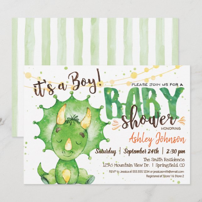 Dinosaur, Dino Baby Shower Green invitation (Front/Back)