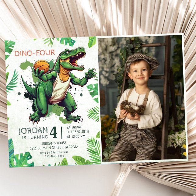 Dinosaur Dino-Four 4th Birthday Party Photo Invitation (Creator Uploaded)