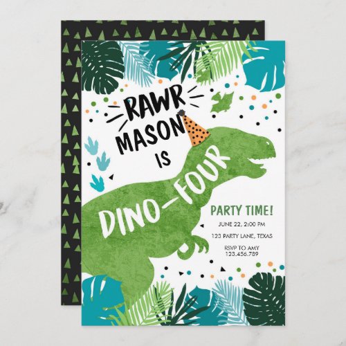 Dinosaur Dino_Four RAWR 4th Fourth Birthday Invita Invitation