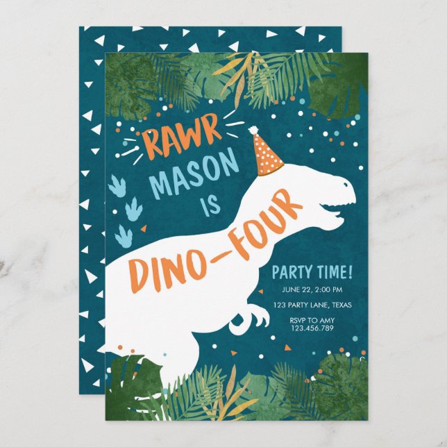 Dinosaur Dino-Four RAWR 4th Fourth Birthday Invitation (Front/Back)