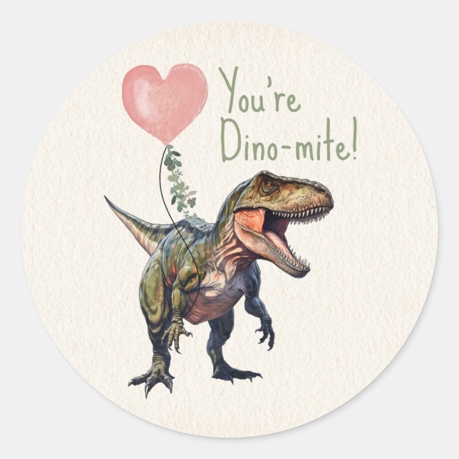 Dinosaur Dino-mite Classroom Valentine  Classic Round Sticker (Front)