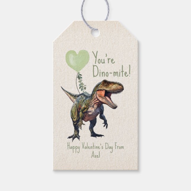 Dinosaur Dino-mite Green Classroom Valentine  Gift Tags (Front)