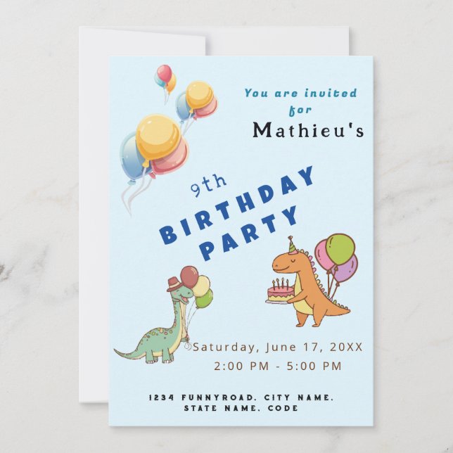 Dinosaur dino party kids birthday blue funny invitation (Front)
