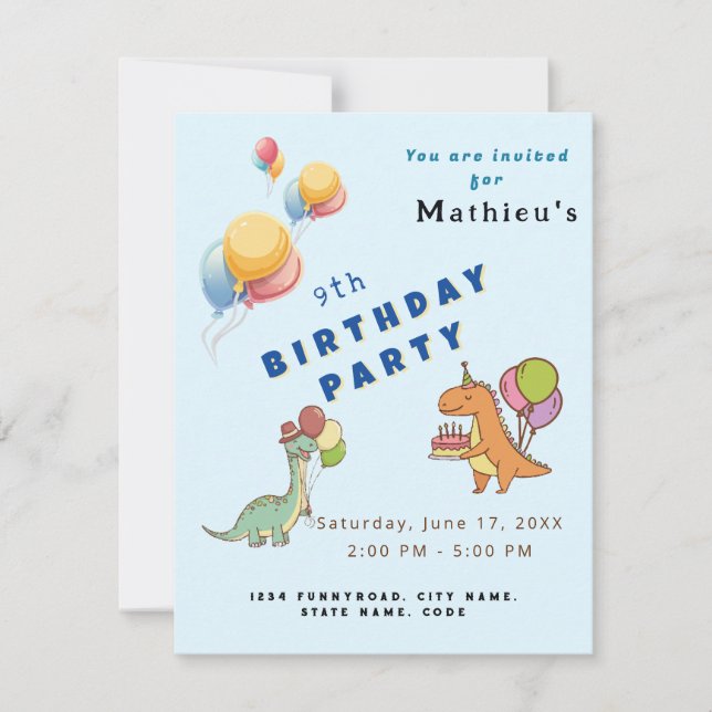 Dinosaur dino party kids birthday blue funny invitation (Front)
