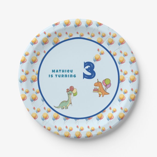 Dinosaur dino party kids birthday blue funny paper plates (Front)