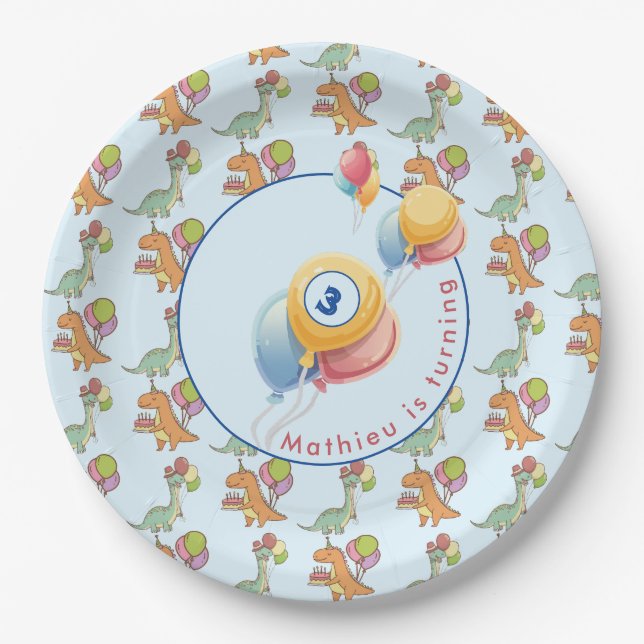 Dinosaur dino party kids birthday blue funny paper plates (Front)