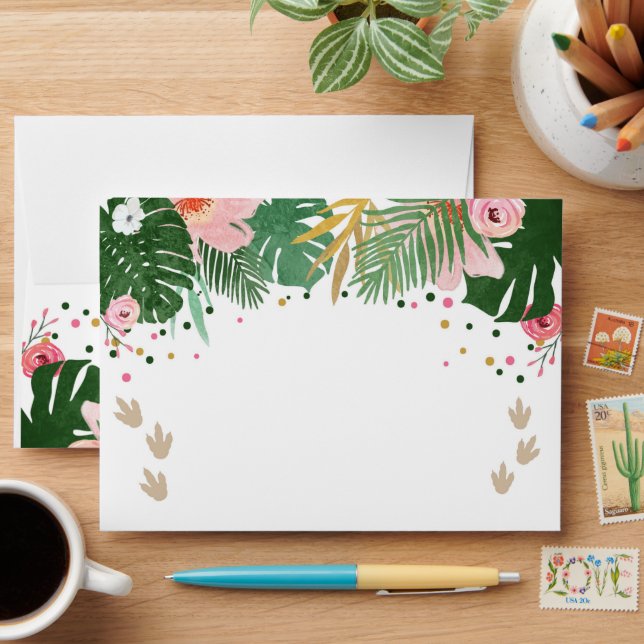 Dinosaur Dino Wild Pink Girl Birthday Invitation Envelope (Desk)