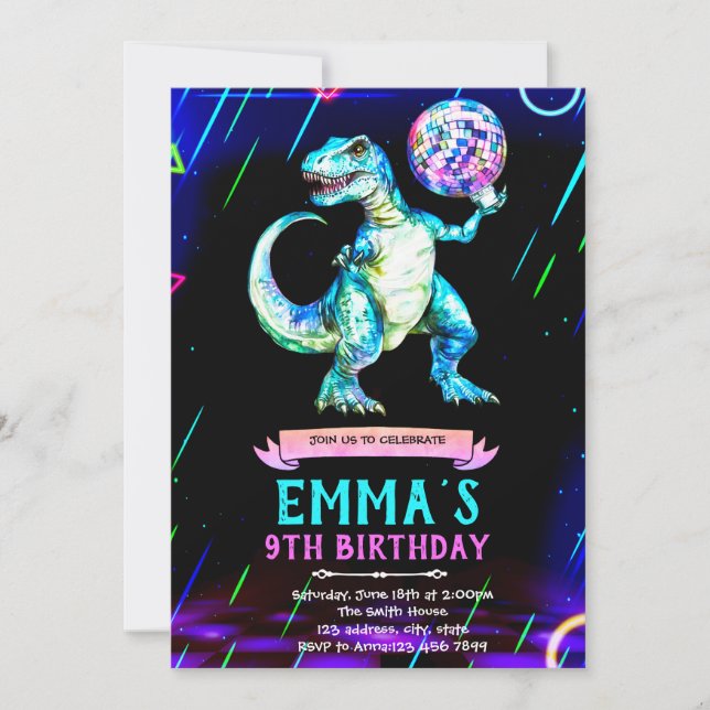 Dinosaur disco dance party invitation (Front)