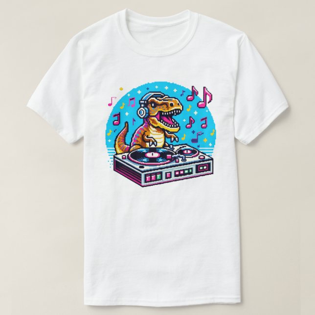 Dinosaur DJ - Funny Pixel Art Music Design T-Shirt (Design Front)