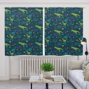 Dinosaur Doodle Pattern Green Blue Kids Nursery Blackout Curtains