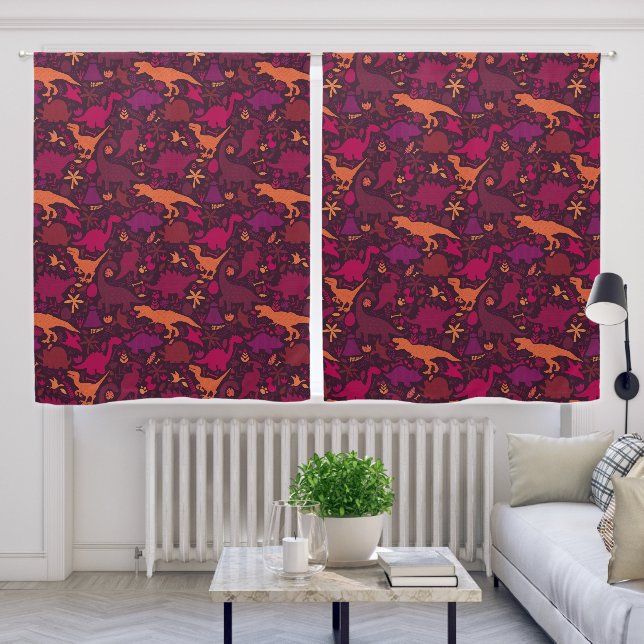 Dinosaur Doodle Pattern Pink Orange Kids Nursery Blackout Curtains (Living Room)