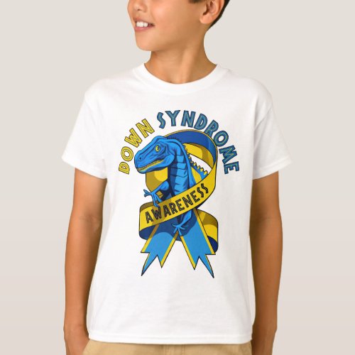 Dinosaur Down Syndrome Awareness Yellow Blue  T_Shirt