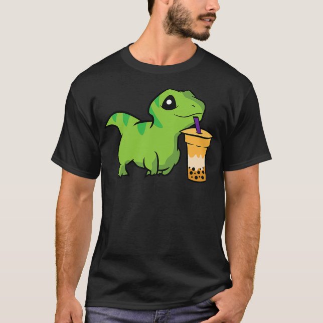 Dinosaur Drinking Bubble Tea Funny Boba Tea T-Shirt (Front)