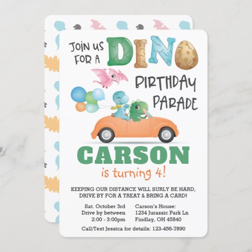 Dinosaur Drive By Birthday Parade Party Invitation