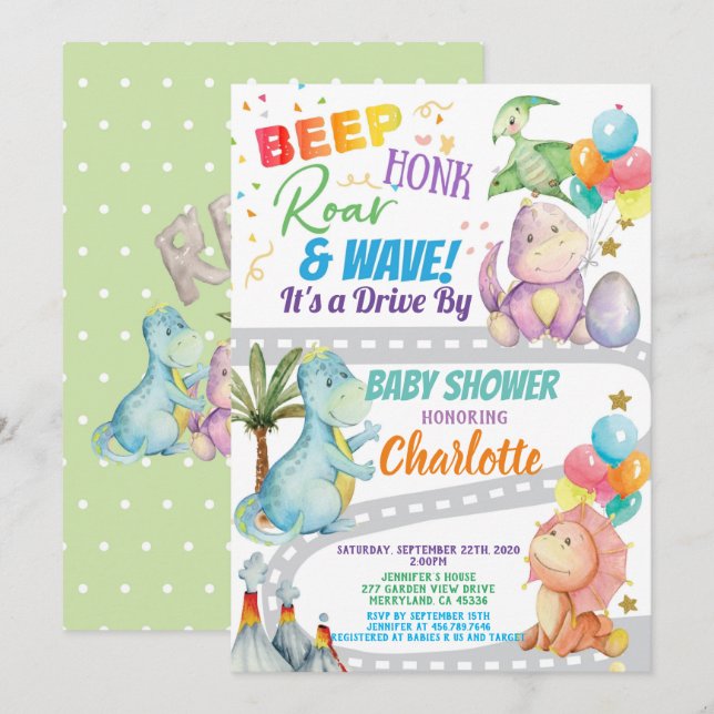 Dinosaur Drive Through Baby Shower Invitation (Front/Back)