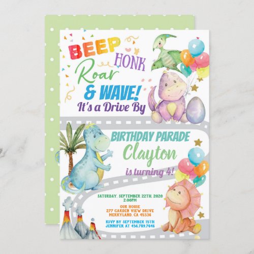 Dinosaur Drive Through Birthday Party Parade Invitation