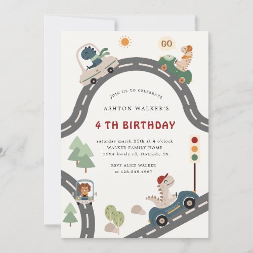 Dinosaur Driver Party Animals Kids Birthday Invitation