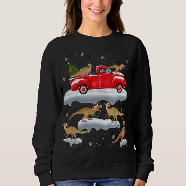 Dinosaur Driving Christmas Tree Red Truck Dinosaur Sweatshirt (Front)