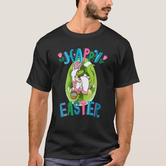 Dinosaur Easter Basket With Eggs Happy Easter T-Shirt (Front)