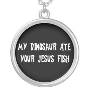 Dinosaur Eats Jesus Fish Silver Plated Necklace