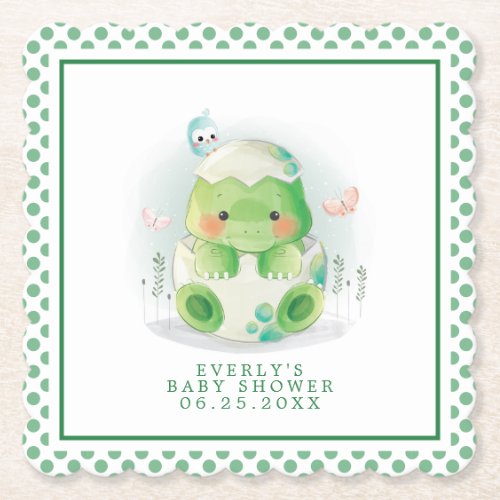 Dinosaur Egg Cute Watercolor Boy Baby Shower Paper Coaster