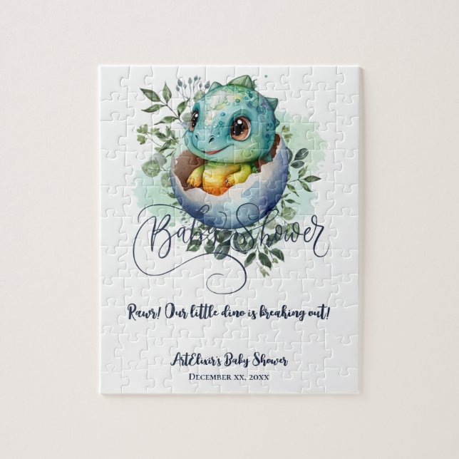 Dinosaur Egg Cute Watercolor Leaves Baby Shower Jigsaw Puzzle (Vertical)