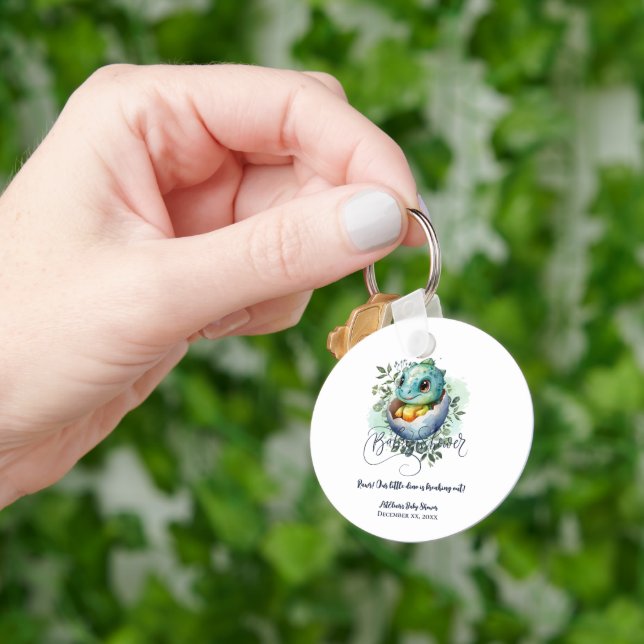 Dinosaur Egg Cute Watercolor Leaves Baby Shower Keychain (Hand)
