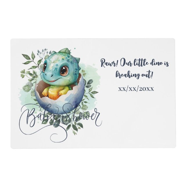 Dinosaur Egg Cute Watercolor Leaves Baby Shower Placemat (Front)