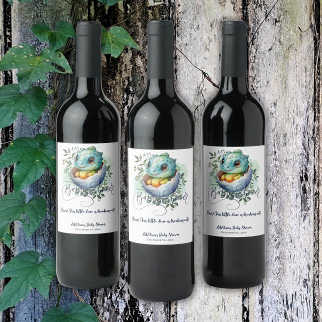 Dinosaur Egg Cute Watercolor Leaves Baby Shower Wine Label (Creator Uploaded)
