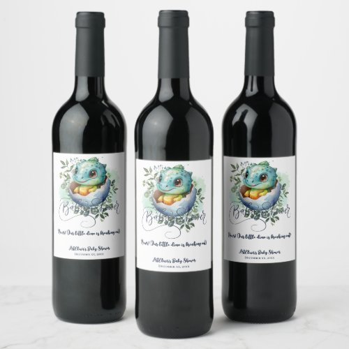 Dinosaur Egg Cute Watercolor Leaves Baby Shower Wine Label