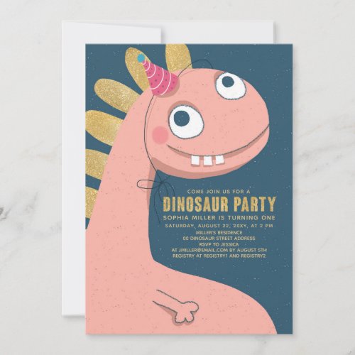 Dinosaur Faux Gold Pink Fun Cute Girl Kids Invitation