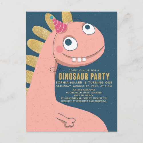 Dinosaur Faux Gold Pink Fun Cute Girl Kids Invitation Postcard