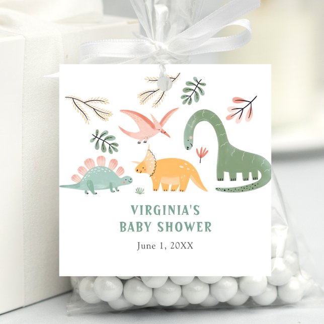 Dinosaur Favor Tag (Cute Dinosaur Square Baby Shower Favor Tag by Painted Paperie)