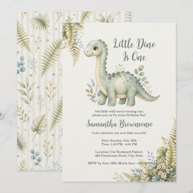 Dinosaur Fern First Birthday Invitation
