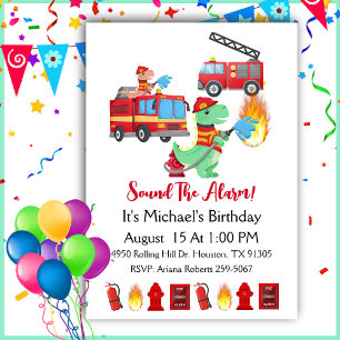Dinosaur  Fire Fighter Boy Birthday Party  Invitation