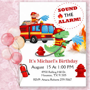 Dinosaur Firefighter Truck Birthday Party Invitation
