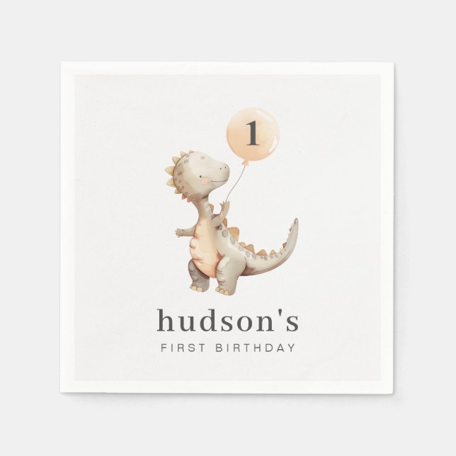 Dinosaur First Birthday Balloon Napkins (Front)