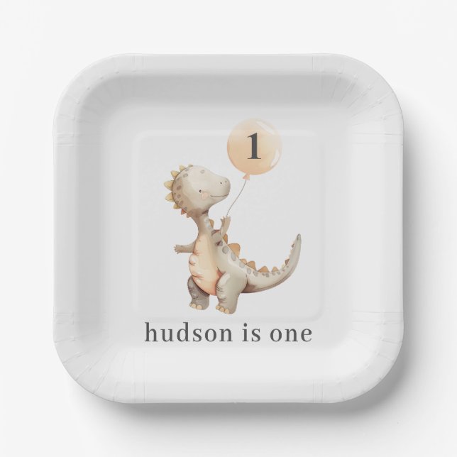 Dinosaur First Birthday Balloon Paper Plates (Front)